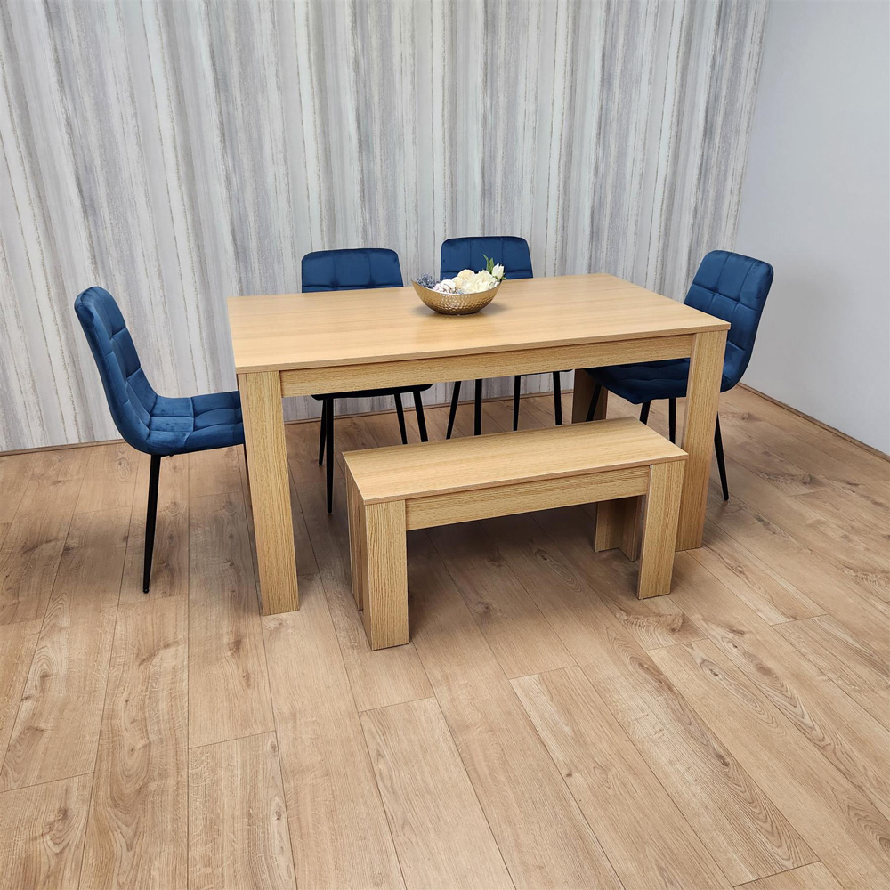 Portland 6 Seater Velvet Dining Bench Set Oak Effect and Blue Image 4