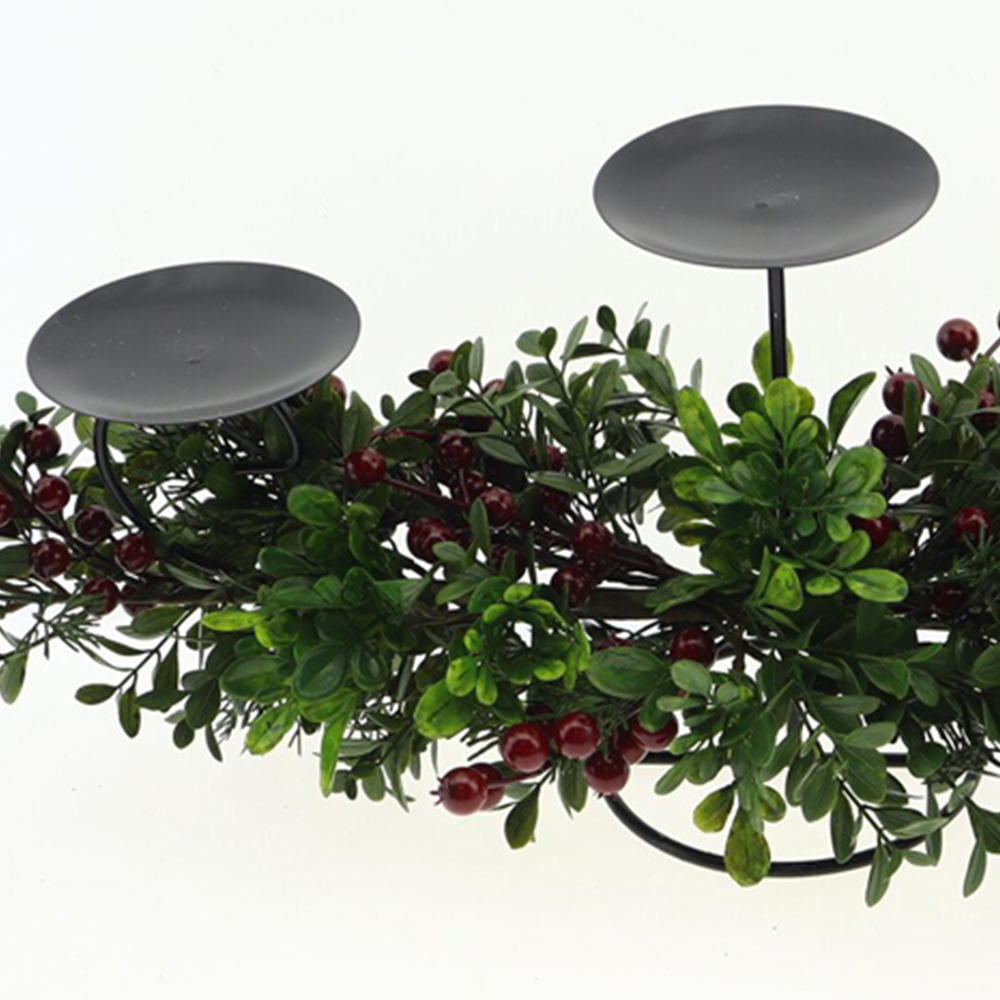 Red Berry Boxwood Three Candle Holder Image 2