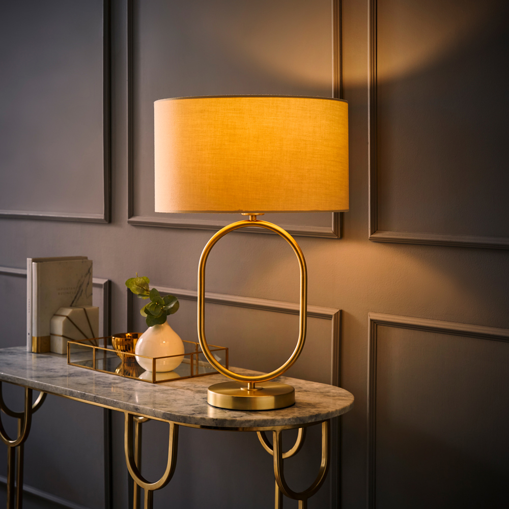 ValueLights Antonia Cream Fabric Drum Lamp Shade Brushed Gold Oval LED Table Lamp Image 6