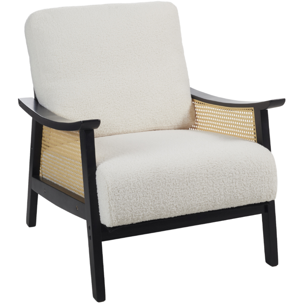 Living and Home White Teddy Near Fur Cushion Mid Century Rattan Armchair Image 2