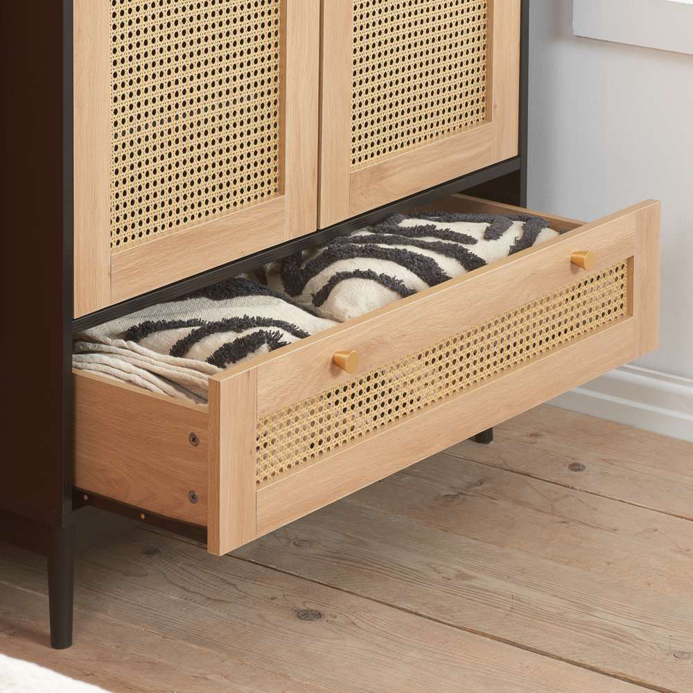 Croxley 2 Door Single Drawer Black and Oak Rattan Wardrobe Image 8
