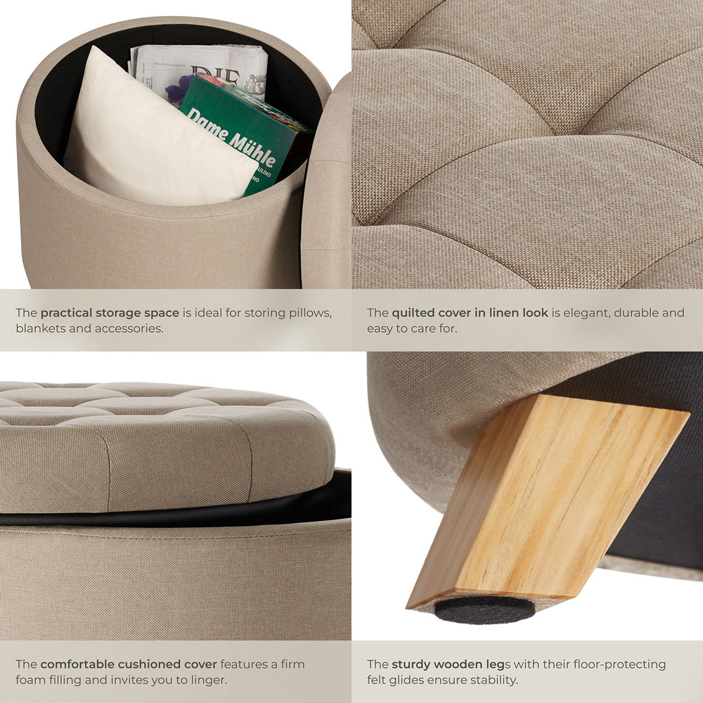 tectake Suna Sand Linen Look Padded Round Stool with Storage Image 5