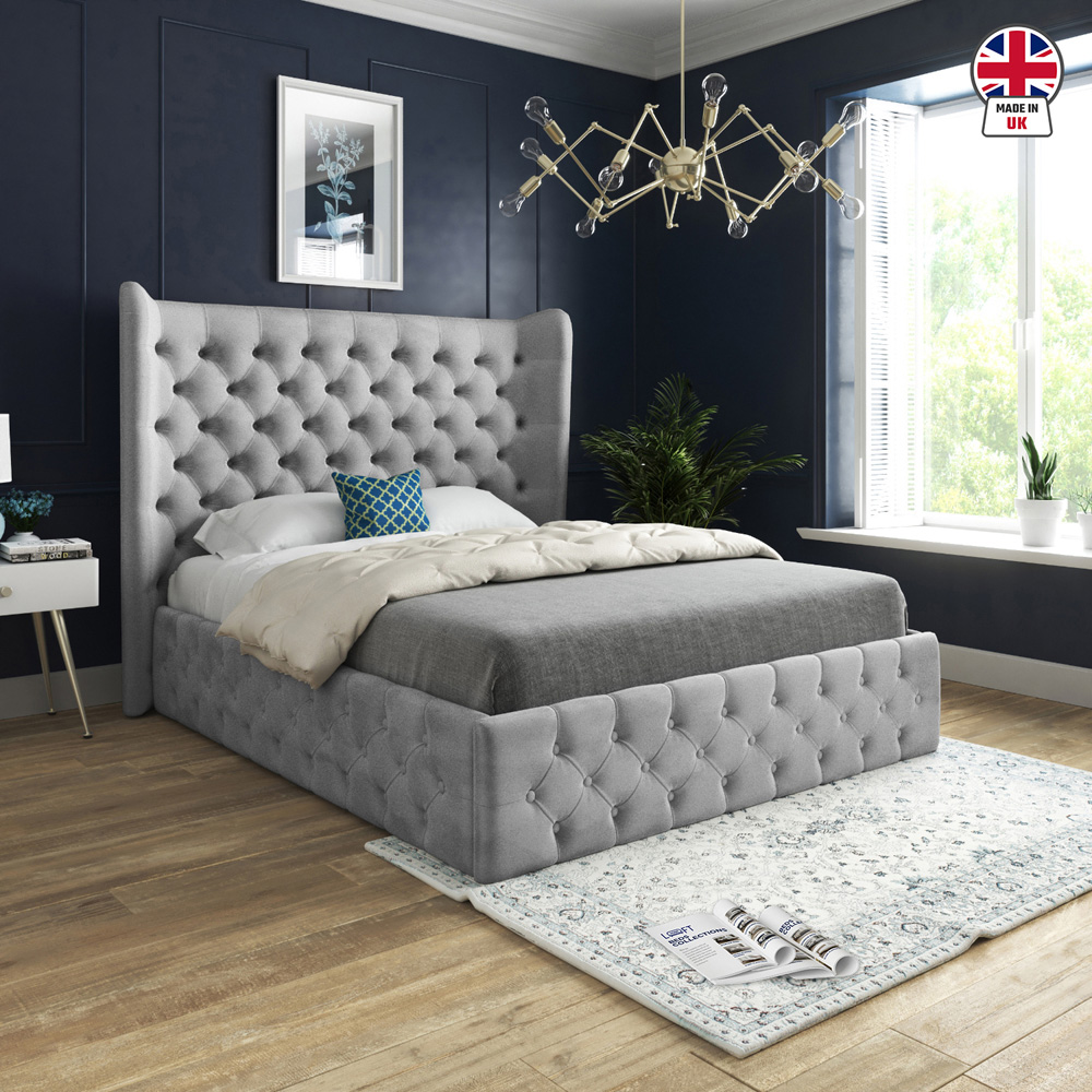 Florence Grey Small Double Velvet Upholstered Bed Frame with Wide Winged Chesterfield Headboard Image 6