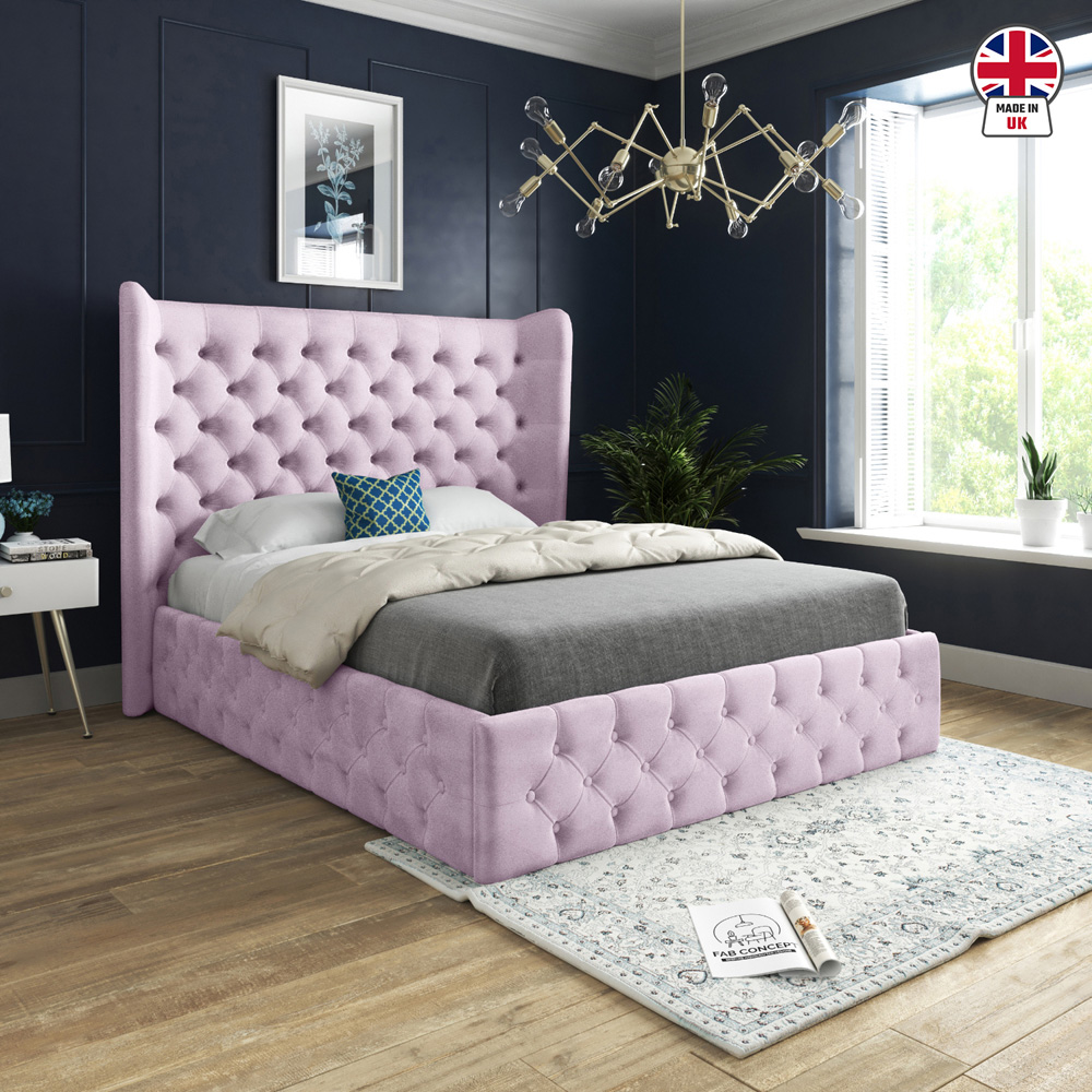 Florence Pink Double Velvet Upholstered Bed Frame with Wide Winged Chesterfield Headboard Image 6