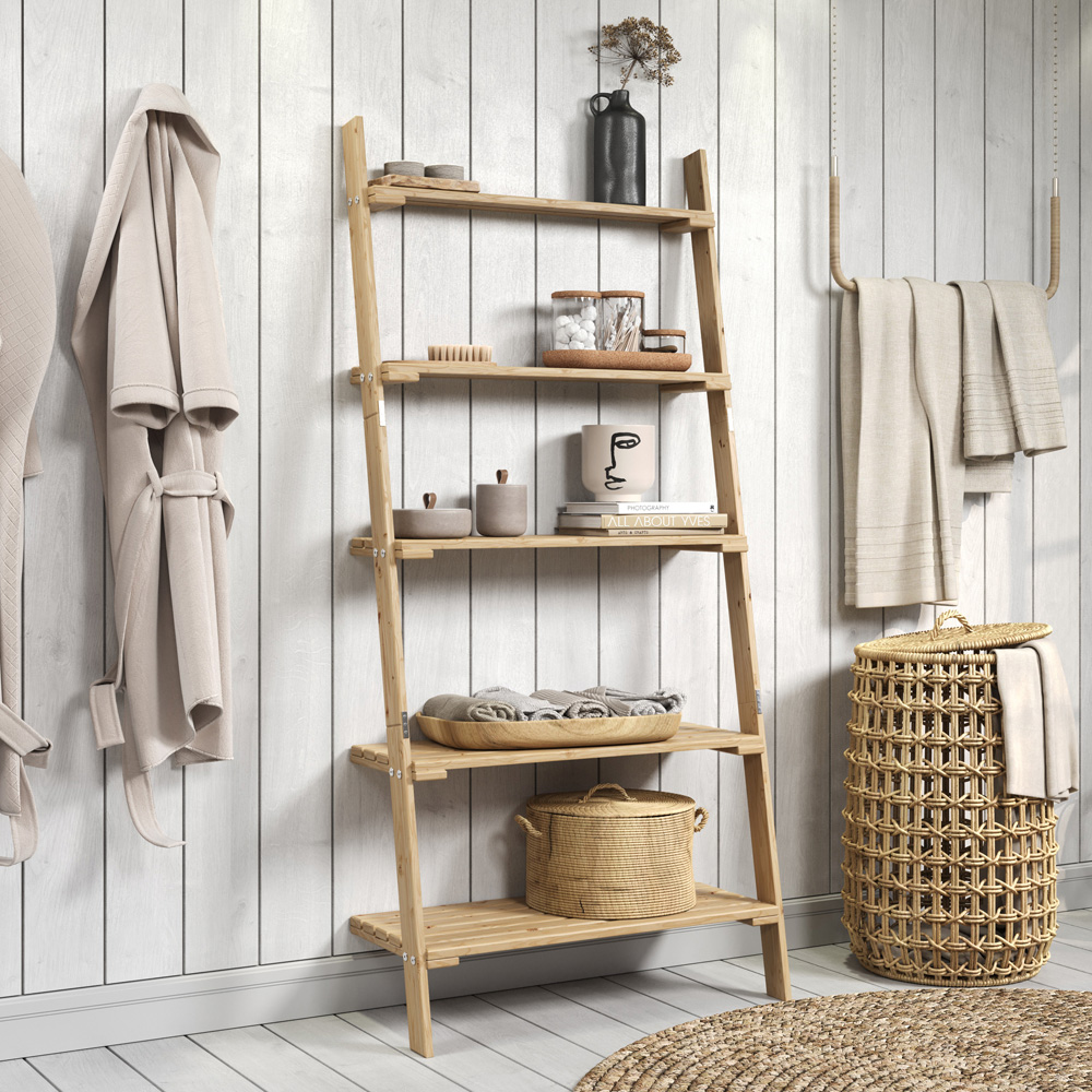 Core Products Sanded 5 Tier Wooden Ladder Design Shelf Unit with Slatted Shelves Image 5