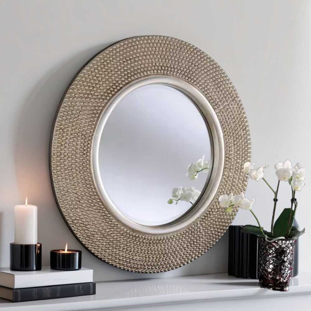 Yearn Silver Champagne Industrial Bobble Round Wall Mirror 79cm Image 2