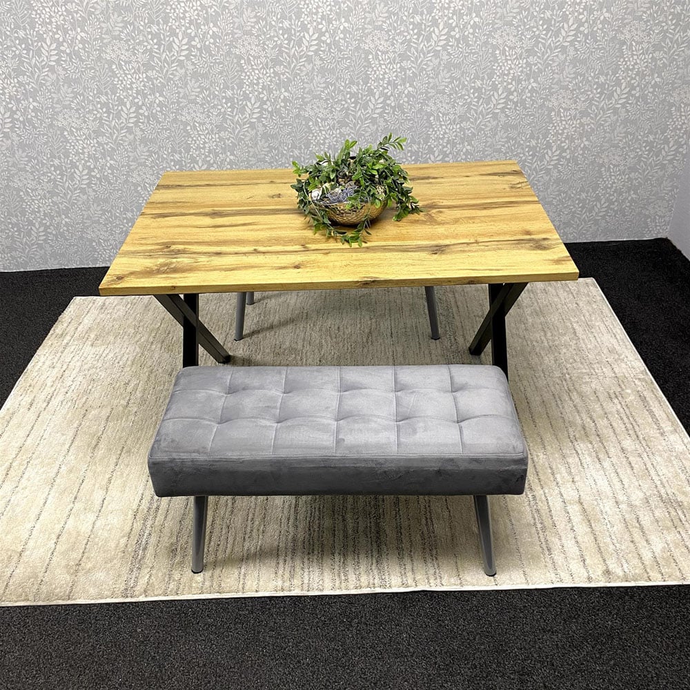 Kosy Koala 4 Seater Wooden and Grey Tufted Velvet Rectangular Table Set with Benches Image 2