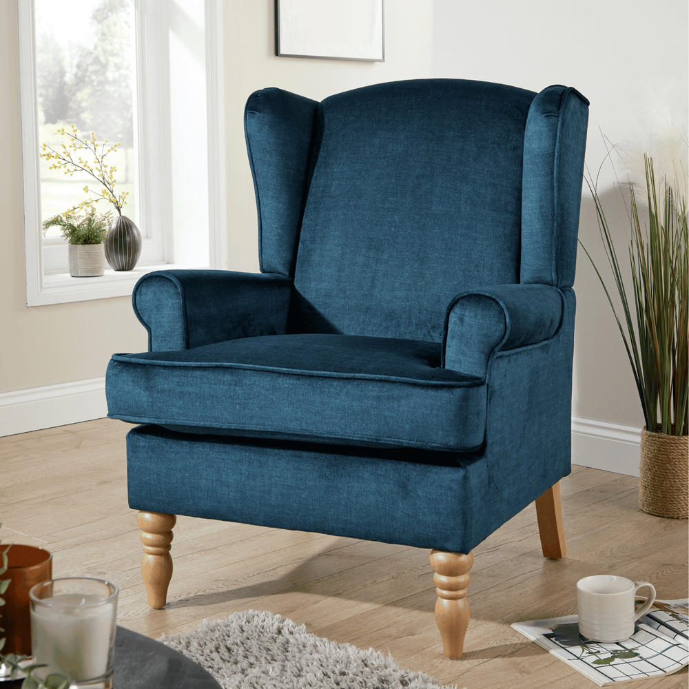 Home Source Helena Dark Blue Wingback Armchair with Wooden Legs Image 7