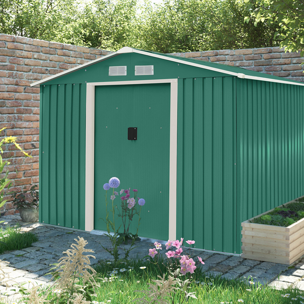 Charles Bentley 8 x 10ft Green Apex Metal Garden Shed with Floor Foundation Image 2