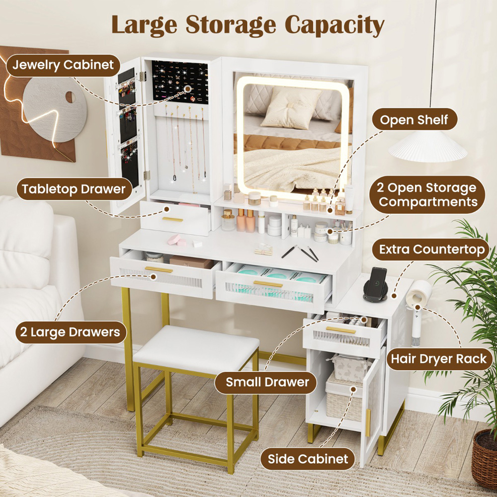 Costway 4 Drawer 2 Door White Dressing Table and Chair Set with LED Mirror Image 7