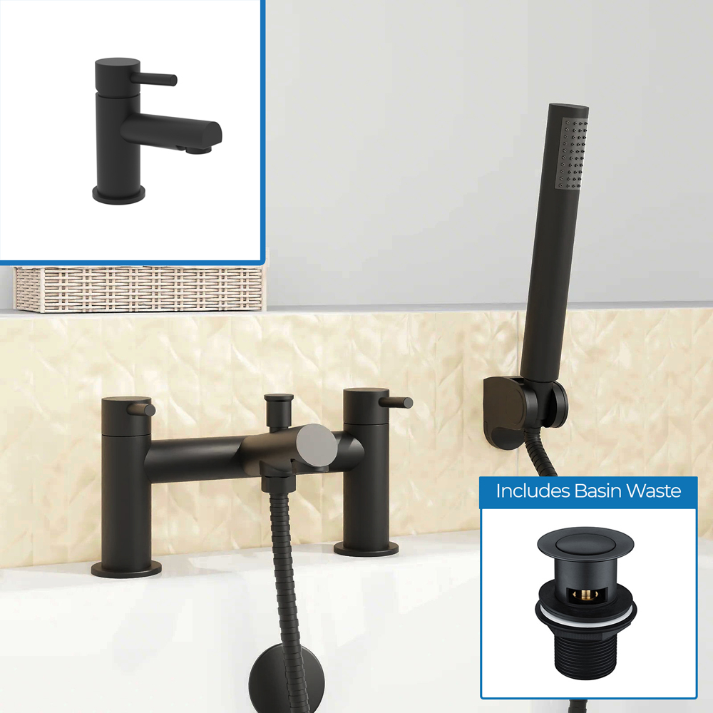 Nes Home Blossom Matte Black Shower Mixer with Handheld Kit and Basin Tap with Waste Image 2