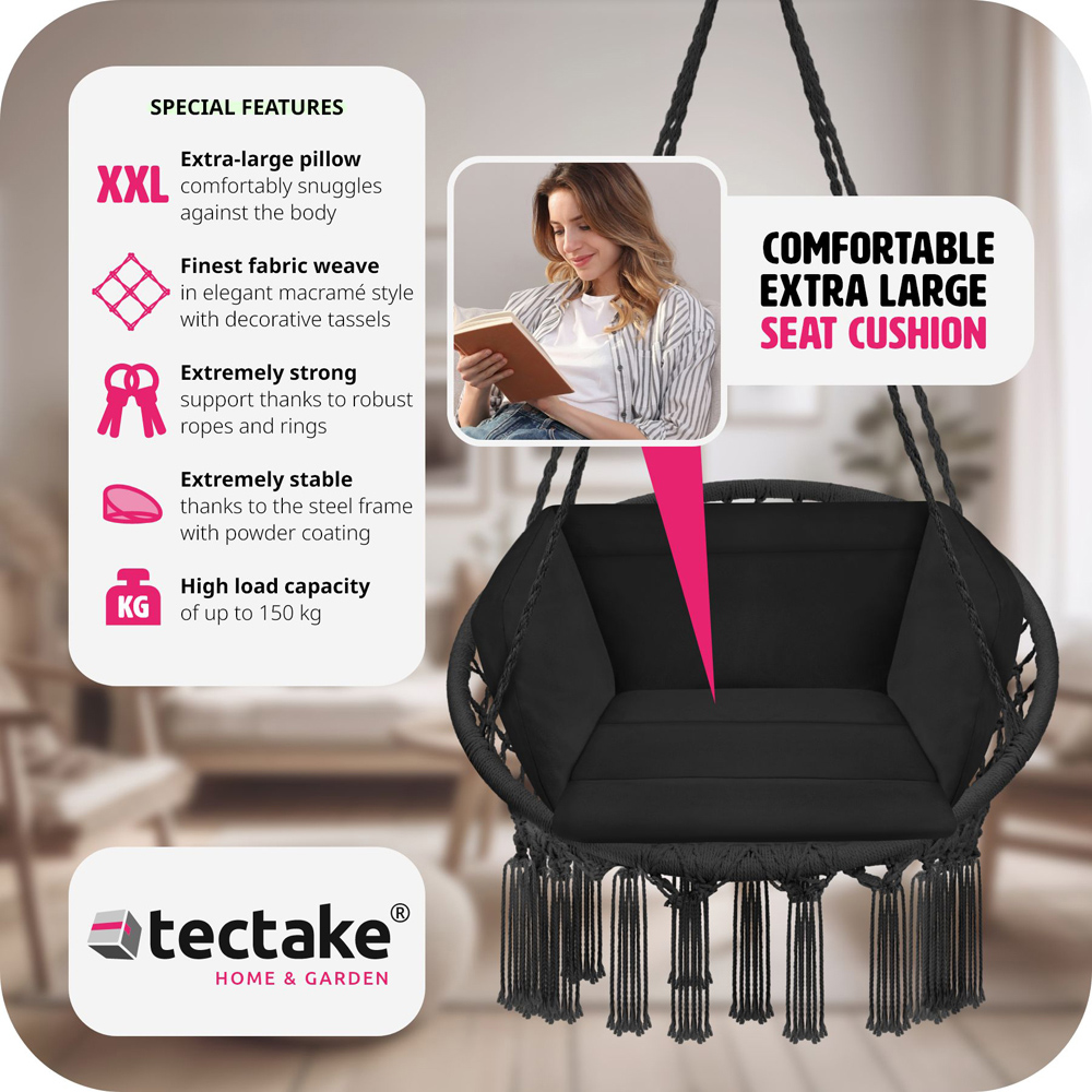 tectake Grazia Black Swing Chair with Seat and Back Cushions Image 6