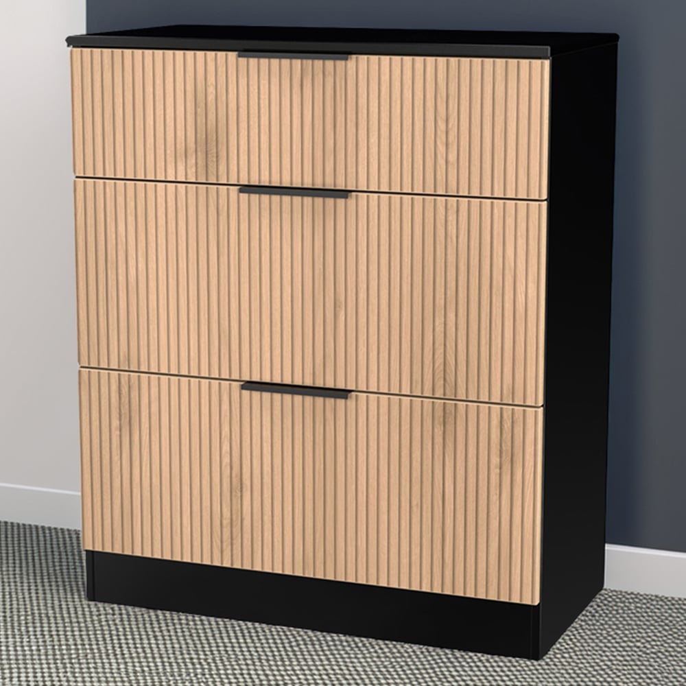 Crowndale Java 3 Drawer Slatt Effect and Black Deep Chest of Drawer Image 1