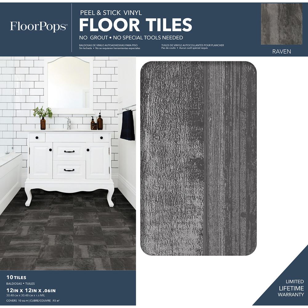Floorpops Raven Dark Grey Peel and Stick Floor Tile 30.48 x 30.48cm 10 Pack Image 8