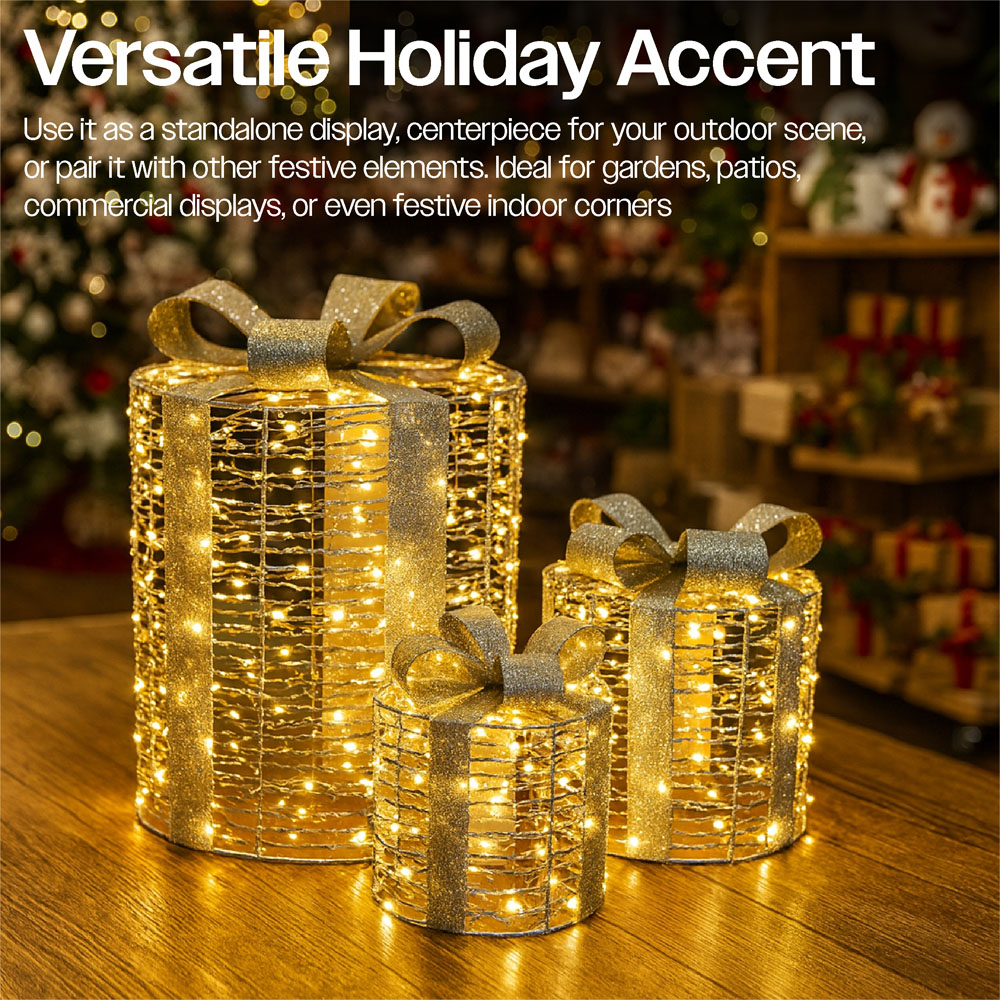 Xmas Haus Silver 100 Warm White LED Round Gift Box Christmas Decoration Set of 3 Image 6