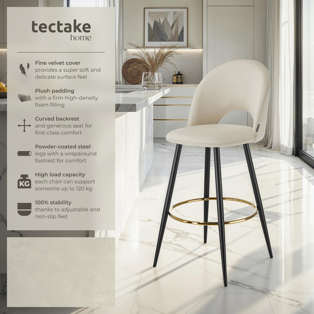 tectake Rachel Cream and Black Velvet Look Bar Stool Set of 4 Image 7