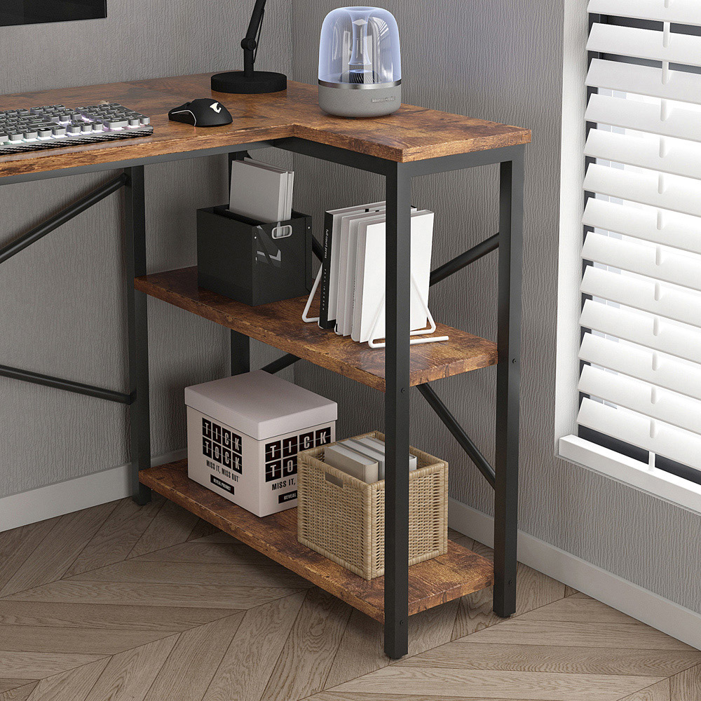 Lotus 2 Adjustable Shelve L Shaped Corner Computer Desk Distressed Black Image 6