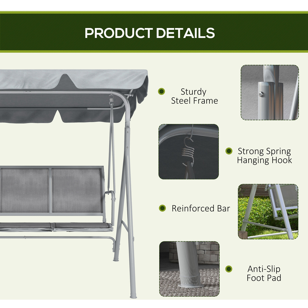 Outsunny 3 Seater Light Grey Swing Chair with Canopy Image 6