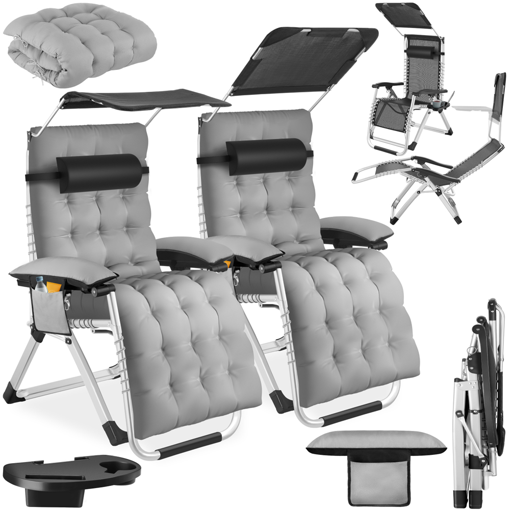 tectake Cirrus Light Grey Set of 2 Folding Plush Padding Sun Lounger with Sun Shade Image 2
