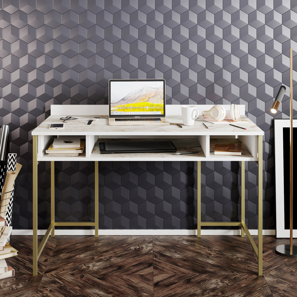 Decorotika Tumata 3 Shelf Study Desk White Marble and Gold Image 3