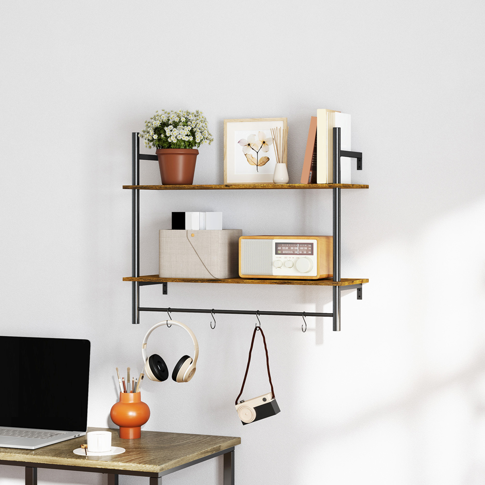 Portland 2 Tier Rustic Brown Wall Shelf Unit with 4 Hooks Image 5