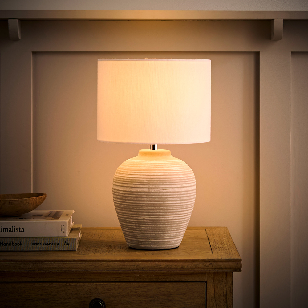 ValueLights Reid Linen Drum Lamp Shade Stone Grey Ribbed Ceramic Small LED Table Lamp Image 2