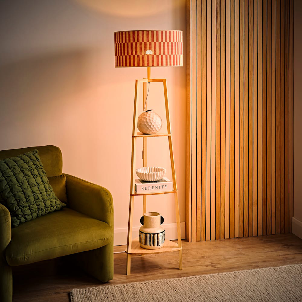 ValueLights Hiru Orange Checkerboard Bamboo Shade Shelf Tripod LED Floor Lamp with Bulb Image 2