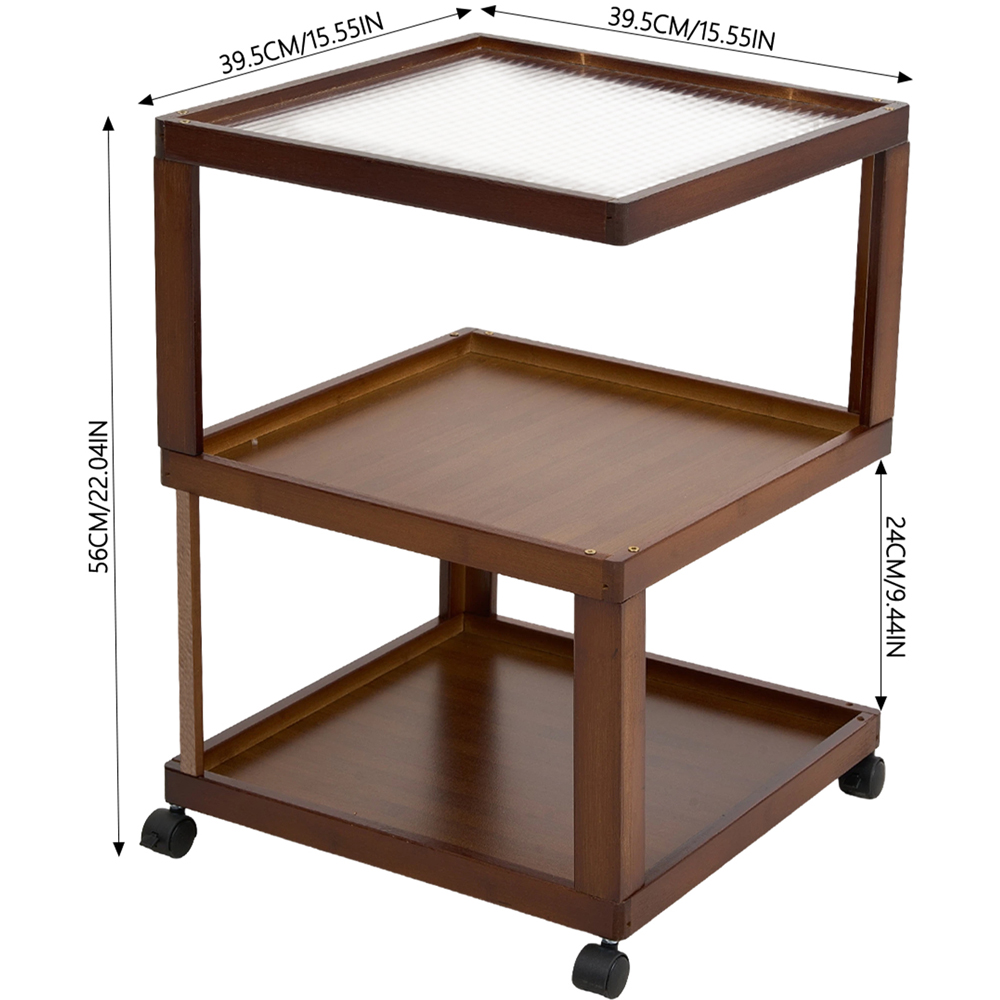 Living and Home 3-Tier Brown Bamboo Acrylic Top Side Table with Lockable Castors Image 9