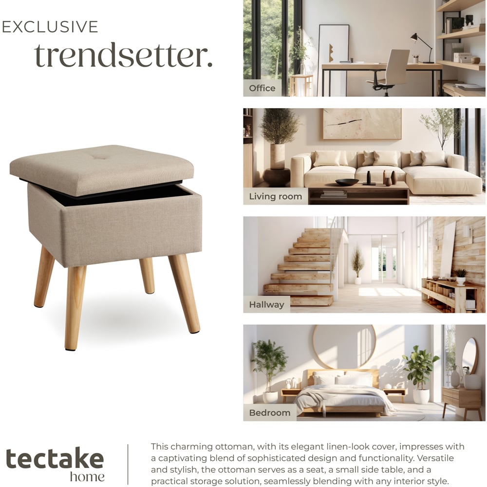 tectake Elva Sand Linen Look Padded Stool with Storage Image 6