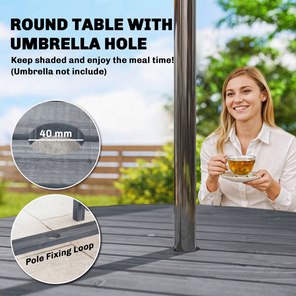 Outsunny 4 Seater Wooden Round Garden Dining Set with Parasol Hole Grey Image 5