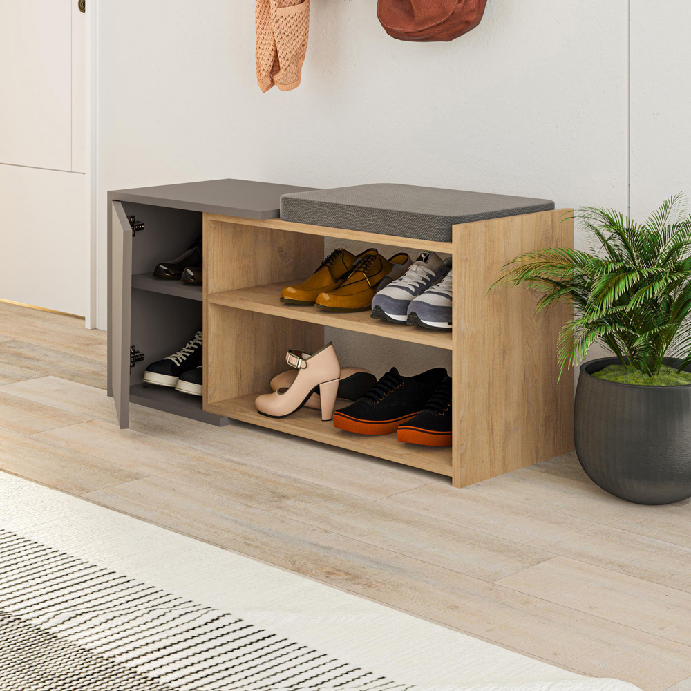 Decortie Fiona Mocha Grey and Oak Entryway Shoe Bench Storage Image 4