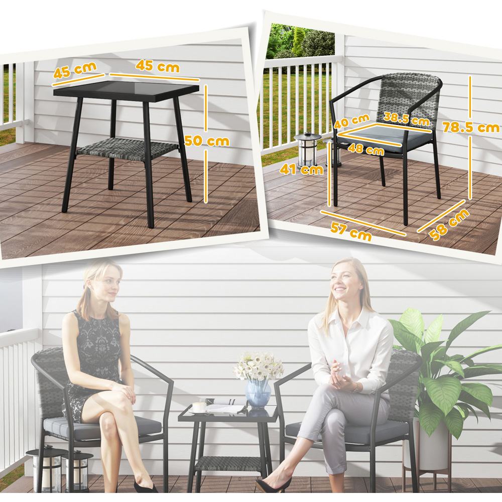 Outsunny 2 Seater Grey and Black Rattan Bistro Set with Cushions Image 3
