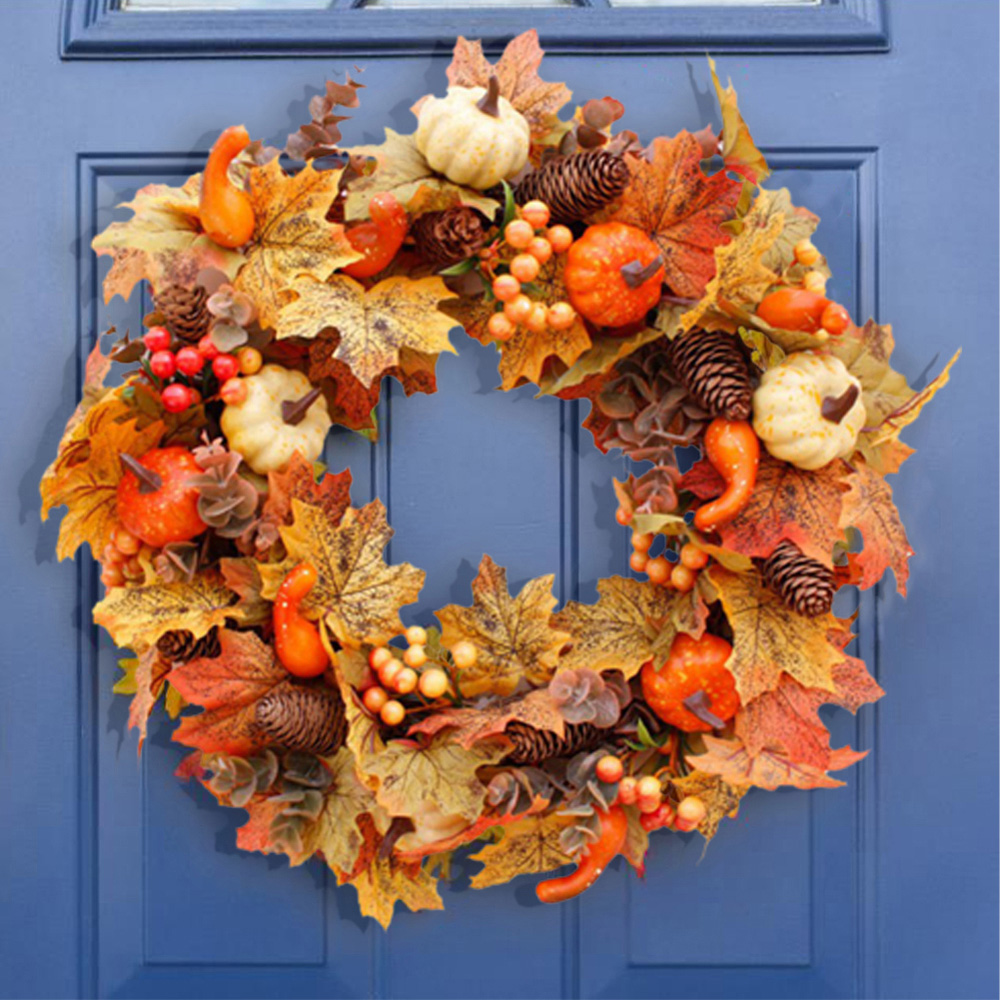 Living and Home Wreath with Maple Leaves Pumpkins Berries and Pinecones 50cm Image 2