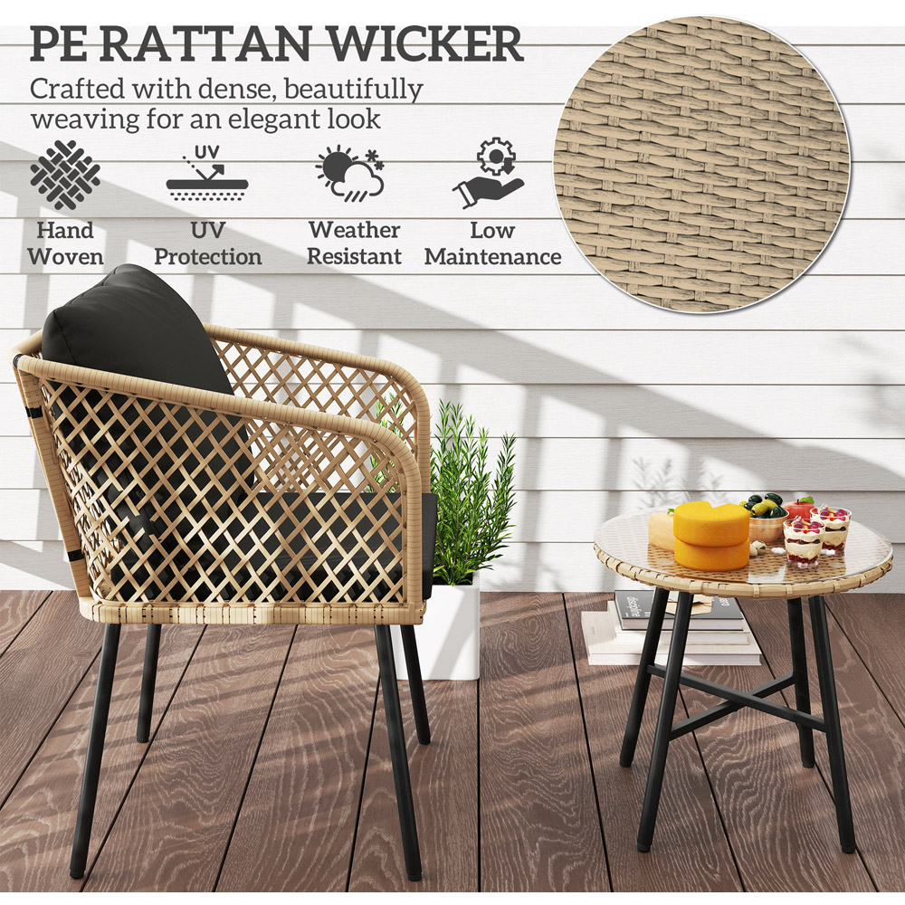 Outsunny 2 Seater Natural Wood Finish Rattan Bistro Set with Cushions Image 5