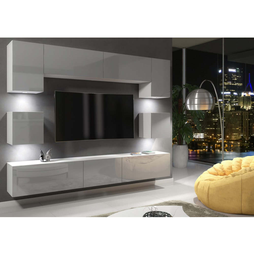 Creative Furniture Panorama White and Grey Gloss 9 Door Wall-Mounted TV Unit with LED Image 2
