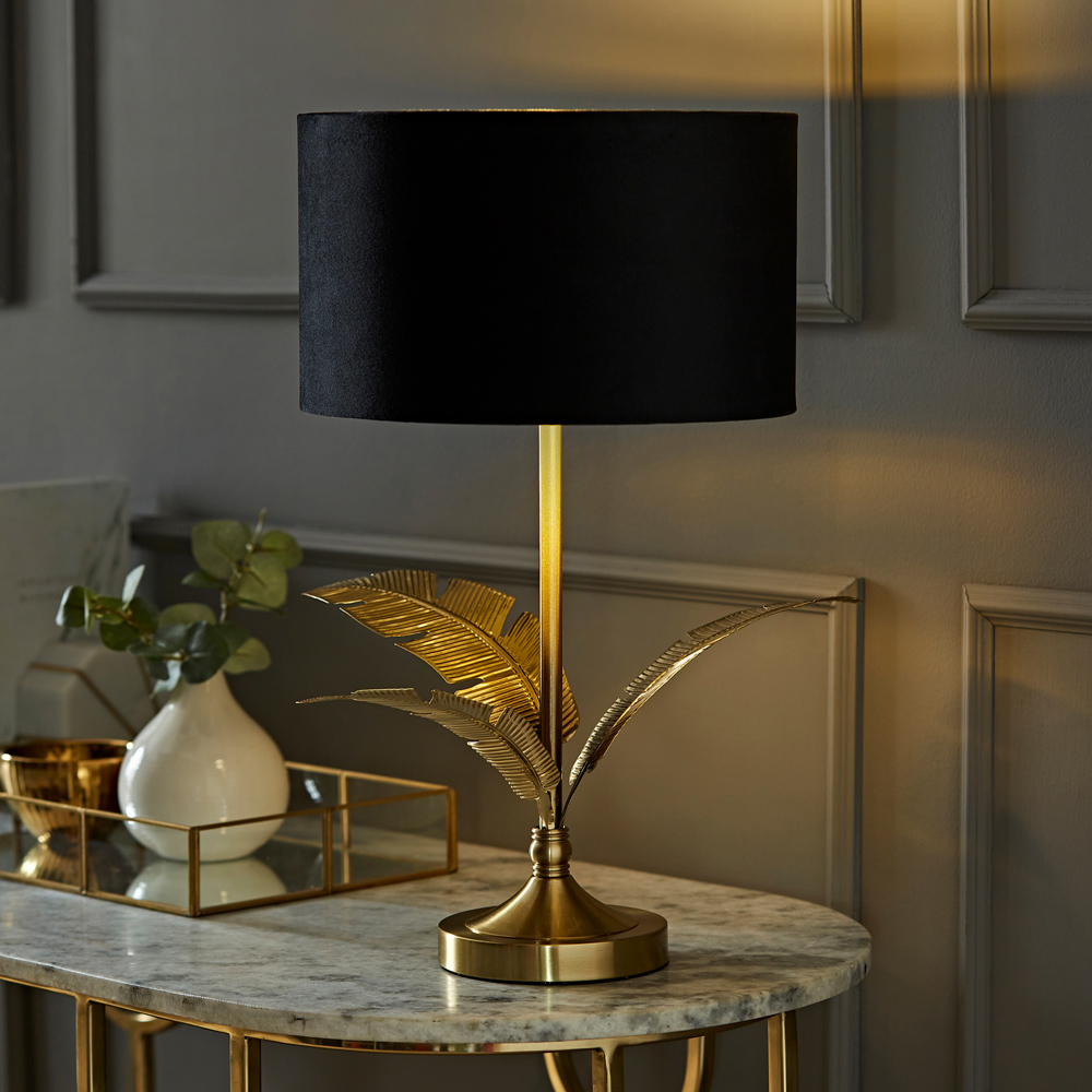 ValueLights Christina Black Velvet and Gold Palm Leaf Table Lamp with Bulb Image 2