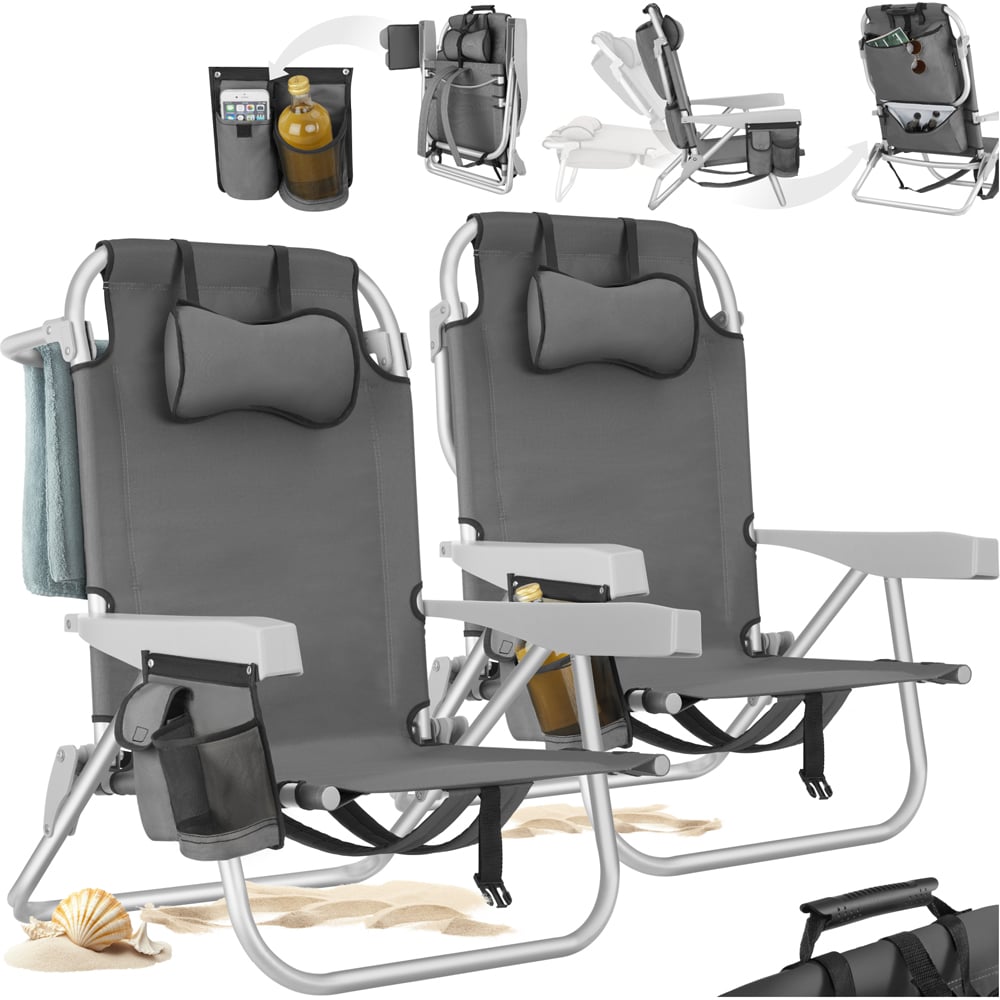 tectake Coral Set of 2 Grey Foldable Beach Chair with Backpack Image 2