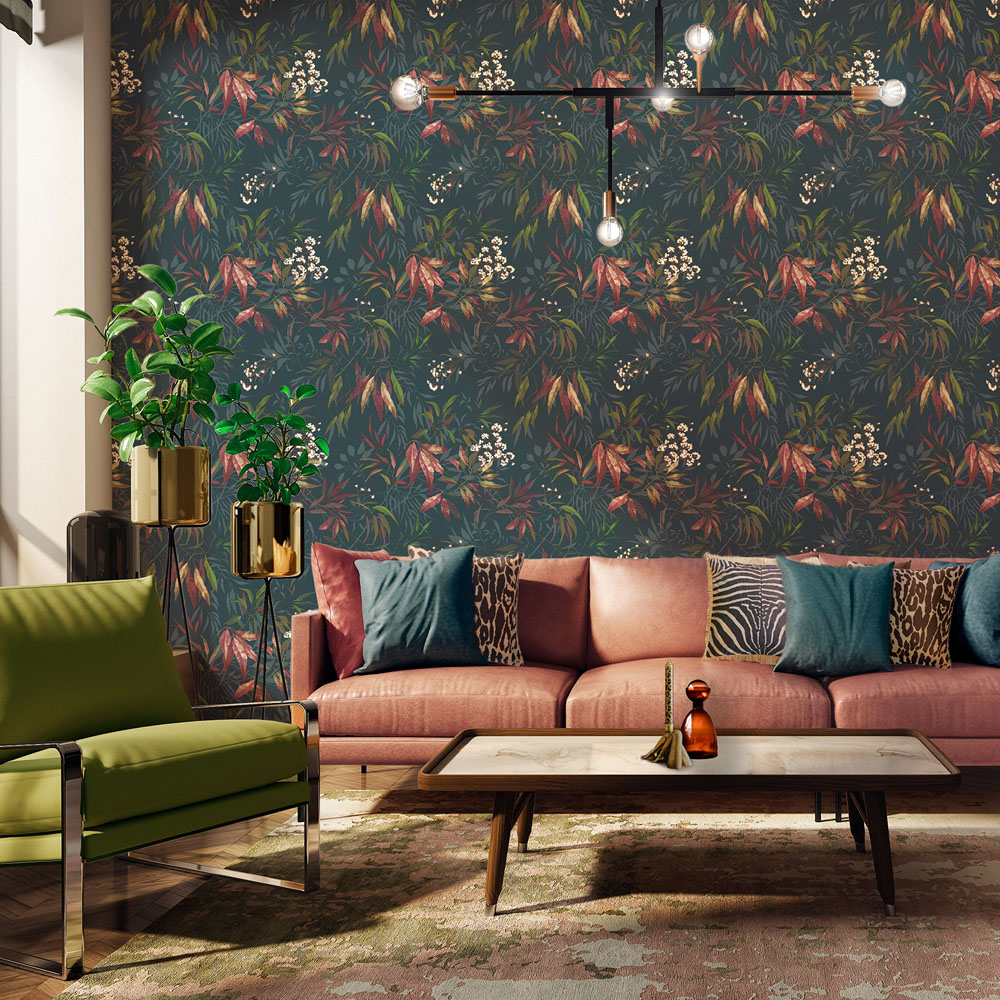 Belgravia Decor Kanata Leaf Russet and Dark Blue Wallpaper Image 2