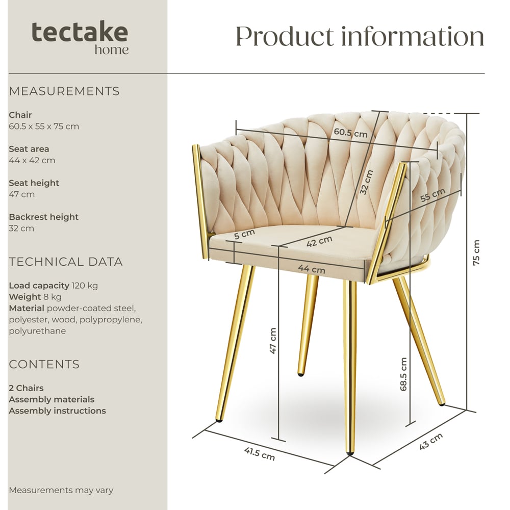 tectake Astano Set of 2 Sand and Gold Velvet Padded Knot Design Dining Chair Image 9