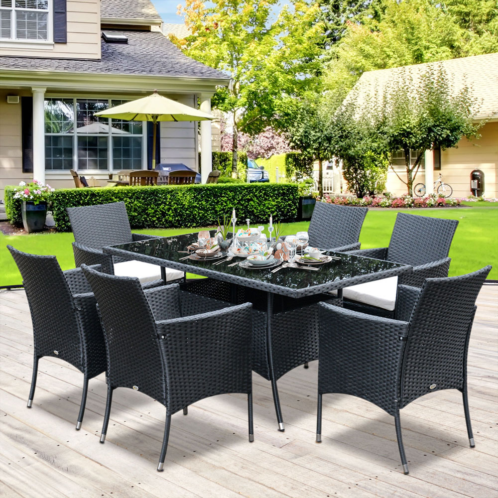 Outsunny 6 Seater Black Rattan Rectangular Garden Dining Set Image 1