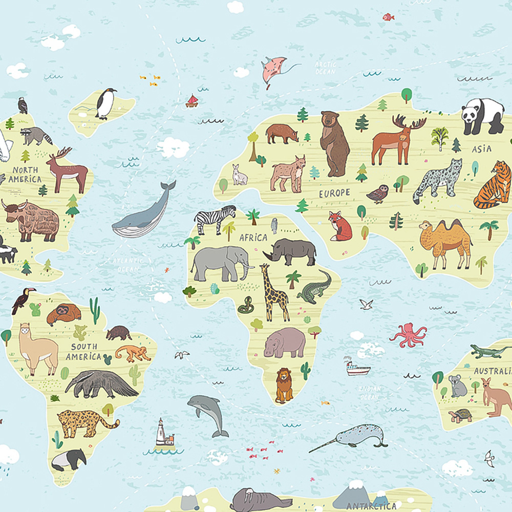 Origin Murals Children's World Map Blue Wall Mural Image 2