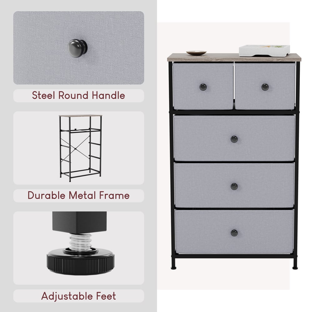 Vida Designs Chorley 5 Drawer Beige and Grey Wood Fabric Chest of Drawer Image 5