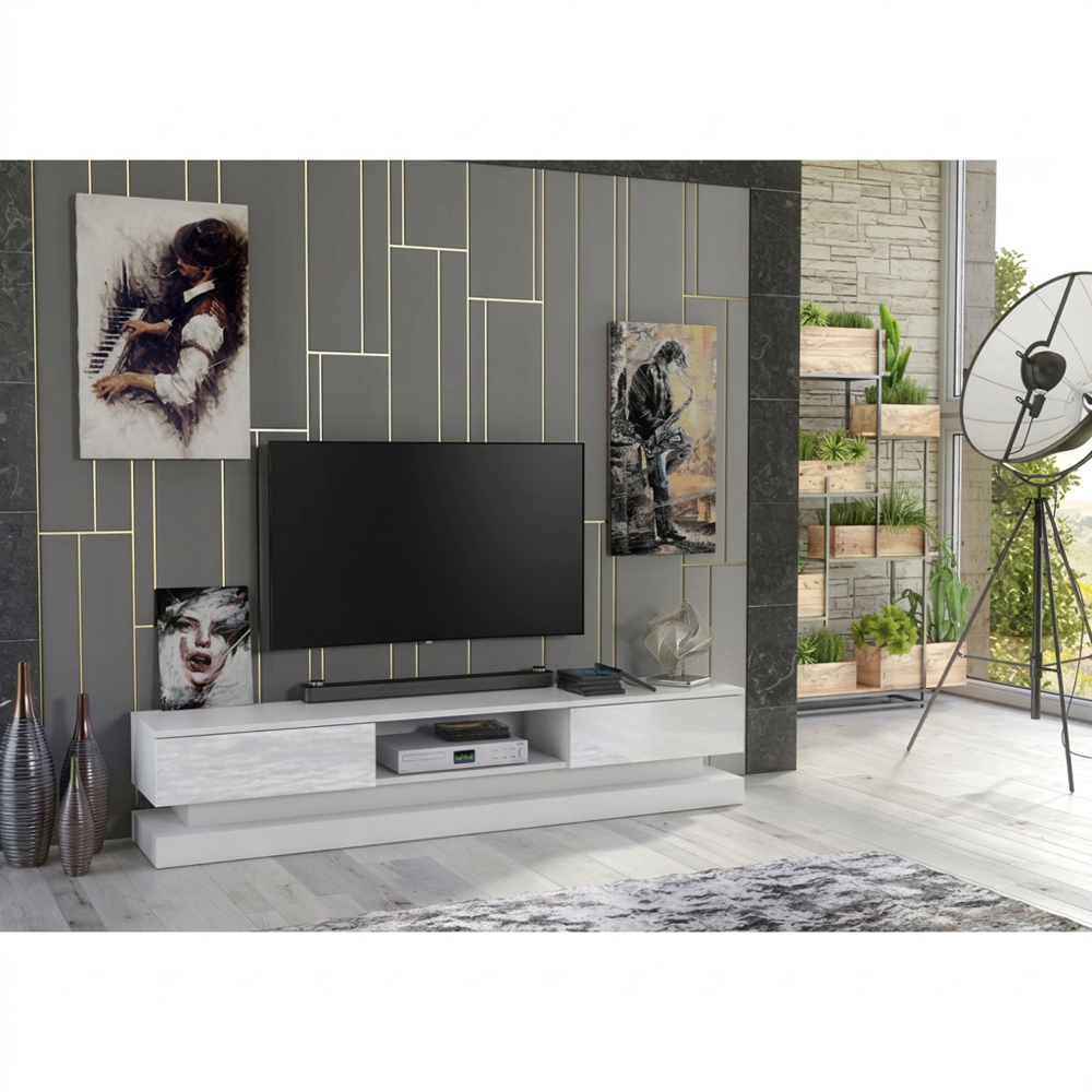 Creative Furniture Bloom White and White Gloss 2 Door Single Shelf TV Unit Image 6