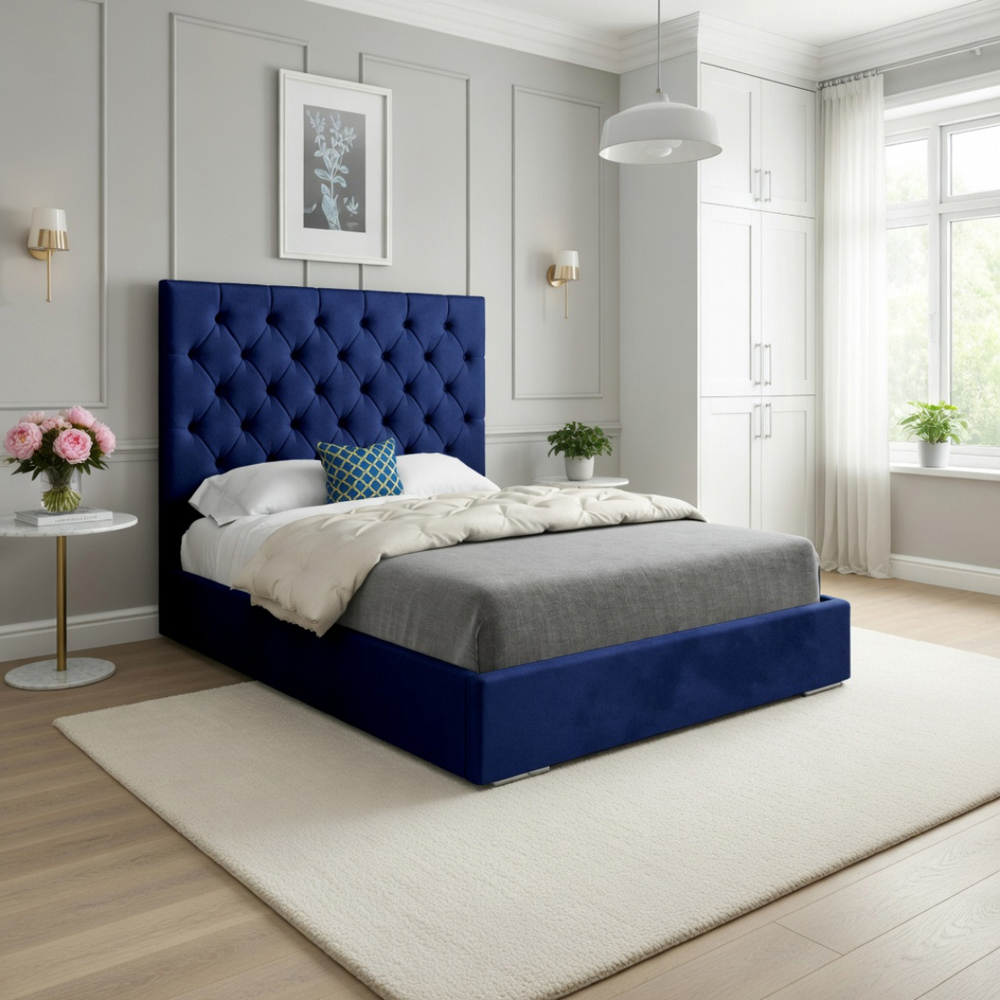 Alma Blue King Size Velvet Upholstered Bed Frame with Chesterfield Headboard Image 5