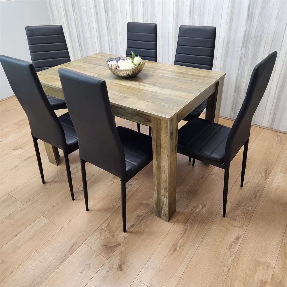 Portland 6 Seater Dining Set Rustic Effect and Black Metal Image 3