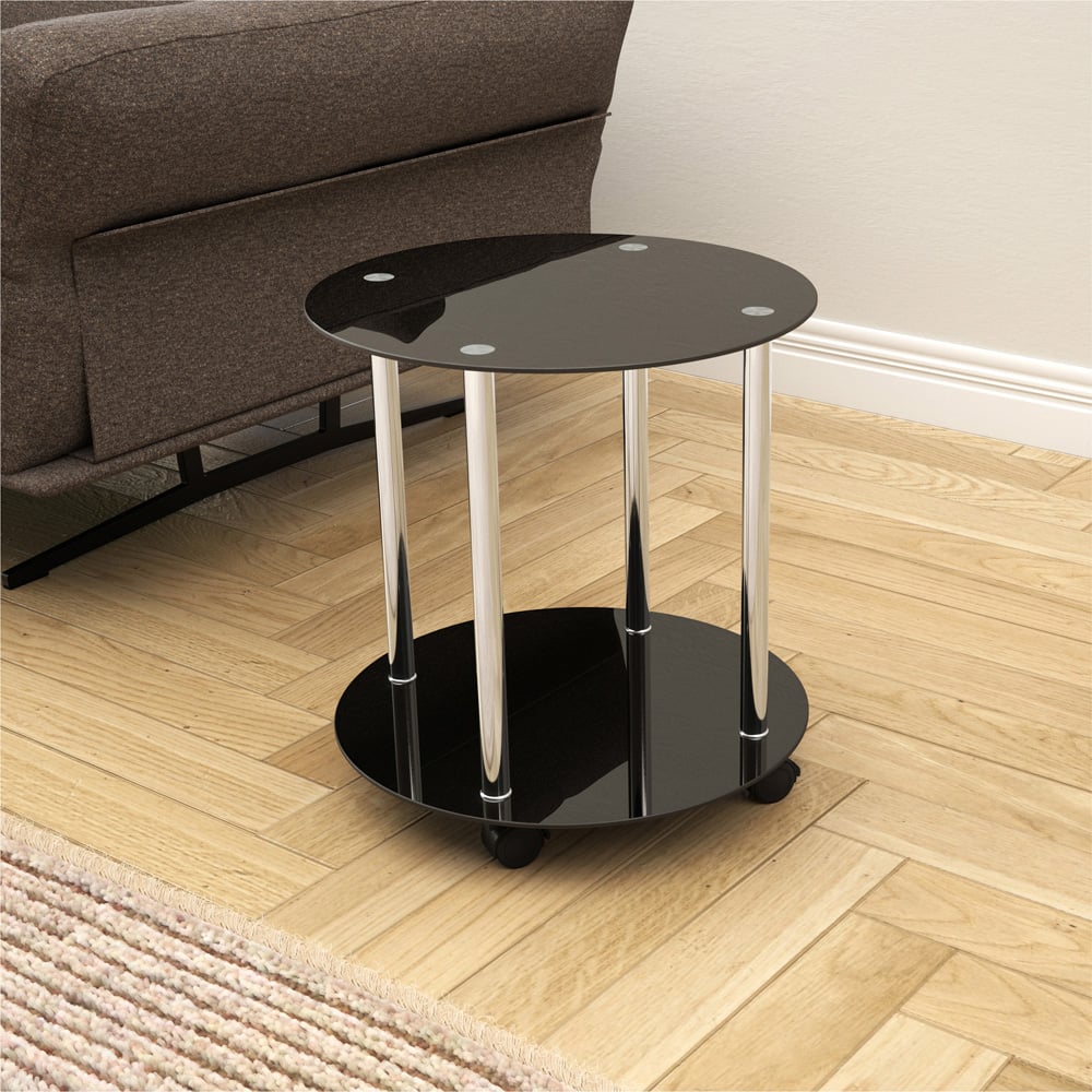 AVF Black Glass and Chrome Round Lamp Table with Wheels Image 3