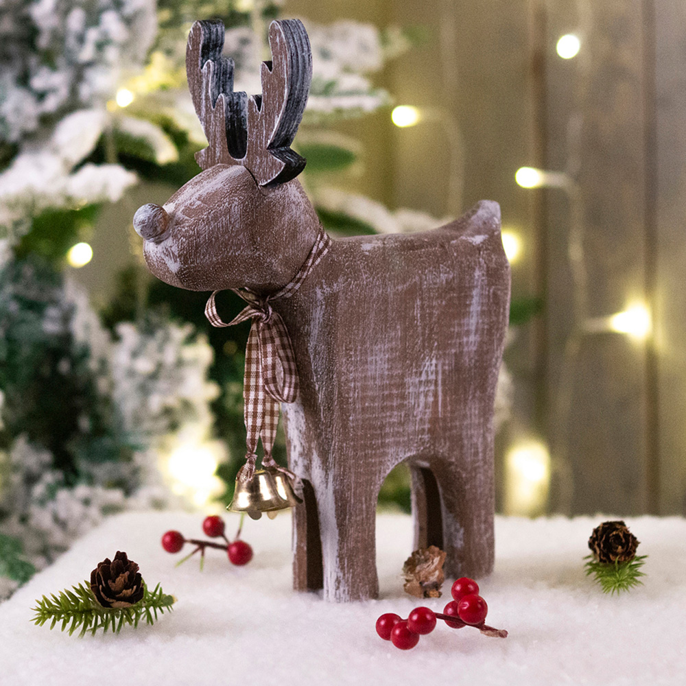 St Helens Light Brown Wooden Brushed Snow Effect Reindeer Image 2