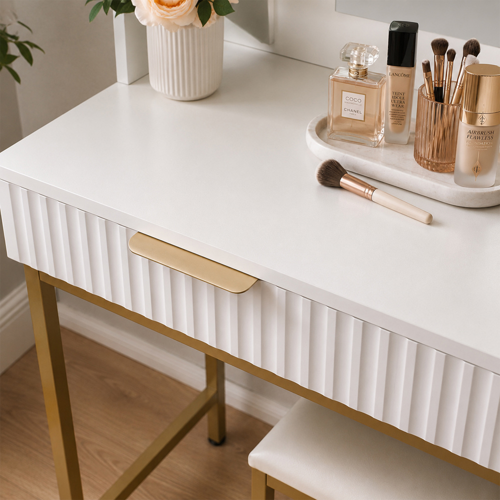 Kosy Koala Eva 2 Drawer 4 Shelf White and Gold Dressing Table Set with LED Mirror Image 2