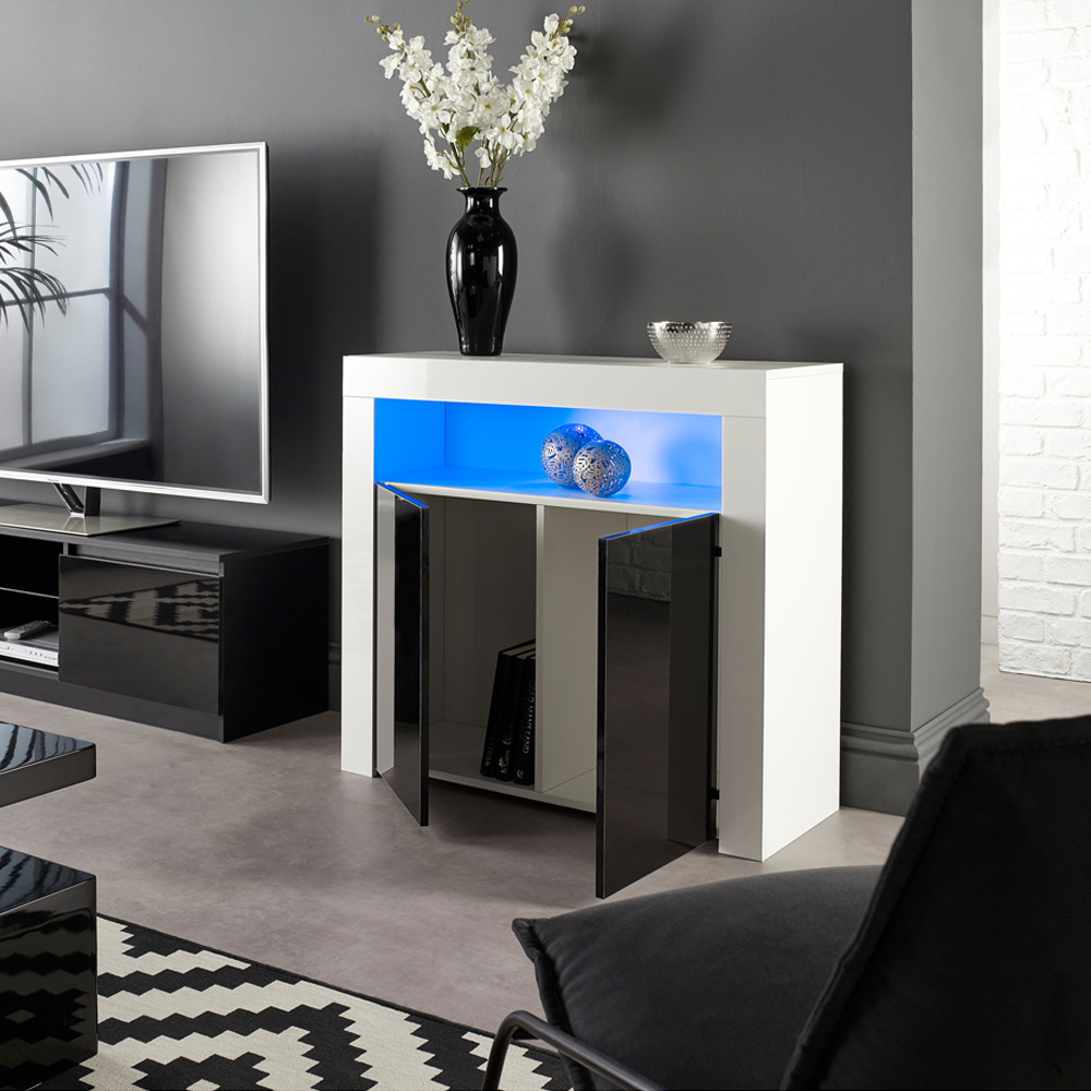 MMT Furniture Designs 2 Door Single Shelf Matt Gloss White and Black Modern Buffet Cabinet with LED Image 5