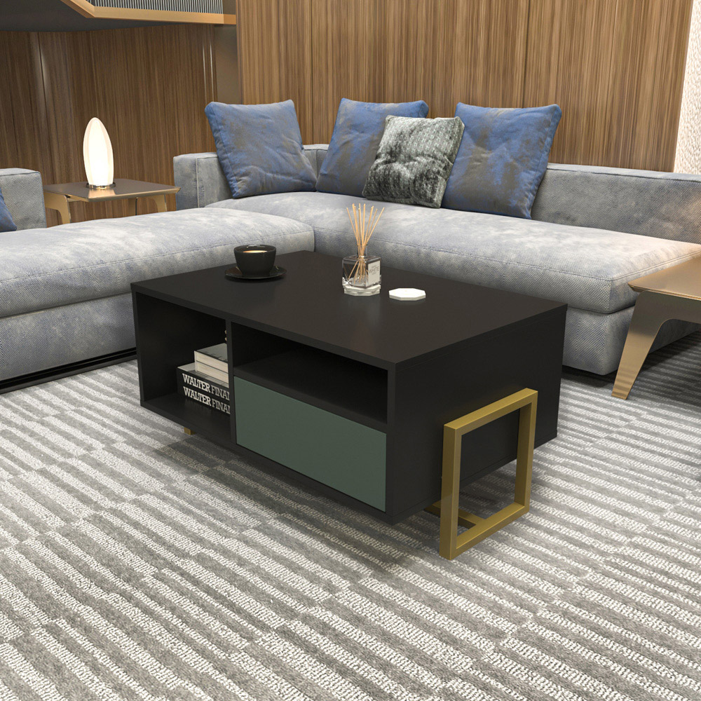 Decorotika Utopie 2 Door 2 Shelf Black and Green Modern Coffee Table Image 4